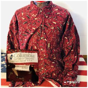 コロンビア Columbia L ルアー柄 総柄プリント ボタンダウンシャツ ネルシャツ ボルドーの画像1