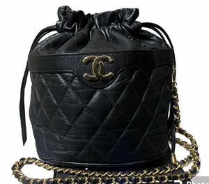 シャネル CHANEL マトラッセ チェーン 巾着ショルダーバッグ ラムスキン レザー ブラック ヴィンテージ