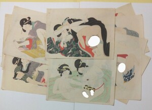 ▽音　【真作】　浮世絵　美人画　春画　枕絵　木版画　＊十二枚セット＊明治　大正期頃＊艶絵　　　絵師不明　　揃いもの　逸品