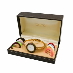 1円 箱/替えベゼル付 GUCCI グッチ チェンジベゼル 1100L ゴールド バングル QZ クオーツ 白文字盤 GP 腕時計 レディース 226220240319