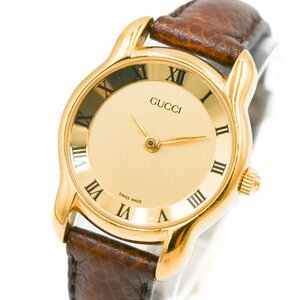 1円 稼働 良品 GUCCI グッチ 5100L ローマン QZ クオーツ ゴールド 金文字盤 GP レディース 腕時計 ラウンド レザーベルト 281220240416