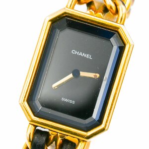 1円 稼働 CHANEL シャネル プルミエール L ゴールド QZ クオーツ 黒 ブラック文字盤 GP 腕時計 レディース スクエア ブランド 223320240319