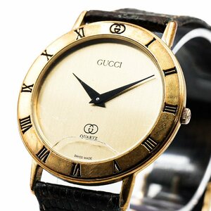 1円 GUCCI グッチ 3000M QZ クオーツ ゴールド 金文字盤 GP ラウンド レザー メンズ 腕時計 男性用 ブランドウォッチ 277320240416