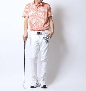 ☆未使用☆ メンズ ガッチャ ゴルフ GOTCHA GOLF シャツ ドライ ボタニカル総柄 刺繍半袖ポロシャツ　M　定約7,990 円　　オレンジ 