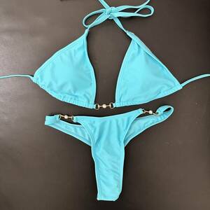 pearl charm attaching halter-neck bikini top and bottom set lady's swimsuit black aqua blue 