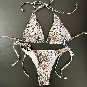  halter-neck bikini top and bottom set lady's swimsuit leopard print floral print print 