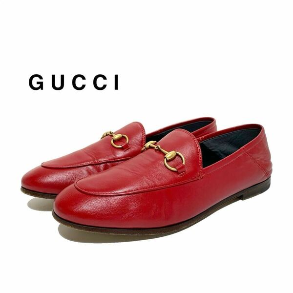 ☆良品 グッチ GUCCI ブリクストン BRIXTON レザー ビットローファー パンプス 赤 size 36.5 イタリア製 スリッポン 革靴 フラットシューズ