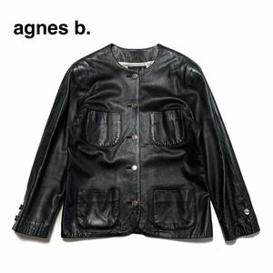 ☆希少 アニエスベー agnes b. ヴィンテージ ノーカラー レザージャケット 黒 フランス製 90s カバーオール ノームコア フレンチカジュアル