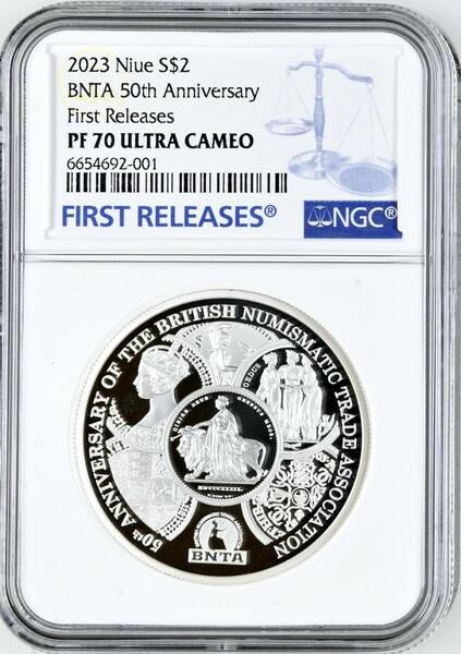 2023年 BNTA 50周年 2ドル 2オンス プルーフ銀貨 NGC PF70 ULTRA CAMEO First Releases ウナとライオン スリーグレイセス ゴシッククラウン