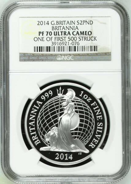 2014年 英国 イギリス ブリタニア ライオン 2ポンド 1オンス プルーフ銀貨 NGC PF70 ULTRA CAMEO ONE OF FIRST 500 STRUCK