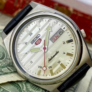 【レトロ可愛い】★送料無料★ セイコー5 SEIKO5 メンズ腕時計 シルバー ボーダー 自動巻き アンティーク