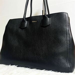 1円〜極美品●FURLA フルラ トートバッグ ビジネスバッグ ブリーフケース レザー シボ革 ブラック 大容量 肩掛け A4 3層 ビジネス 通勤