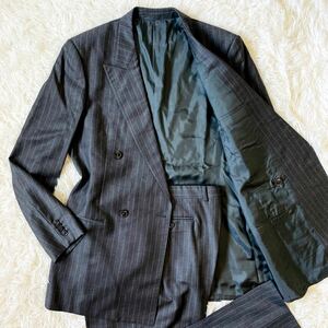 美品/XXL●ARMANI COLLEZIONI セットアップ スーツ ダブルブレスト ストライプ カシミヤ混◎ダークグレー アルマーニコレッツォーニ size52