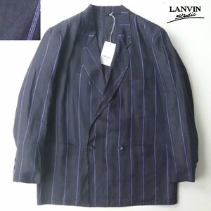 新品タグ付き LANVIN STUDIO PARIS ランバン 麻100％ リネン 2つボタンダブルブレスト ブレザージャケット 48 紺【参考価格￥96,800-】