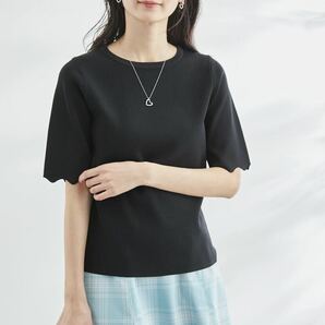 新品 ロペピクニック Beauty knit/UVカット・洗濯機OK・接触冷感/ハーフスカラップニットプルオーバー ブラック 5分袖 ユニクロ vis cocaの画像1