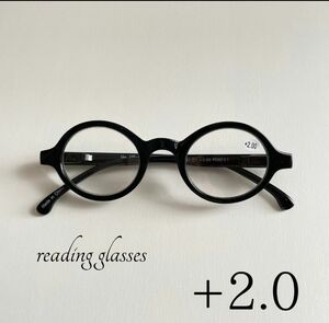 老眼鏡 ＋2.0 リーディンググラス レトロ 丸眼鏡 ラウンド 丸 セルフレーム バネ蝶番 黒
