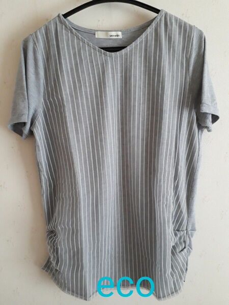 Used 半袖Tシャツ カットソー ストライプ　シューラルーSHOO LA RUE　半袖シャツ　グレー系　レディース　夏服