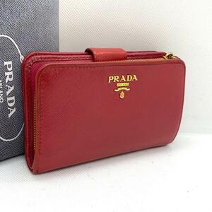 R325【極美品】PRADA プラダ コンパクト財布 二つ折り ゴールド金具 ウォレット レザー 小物 ピンク