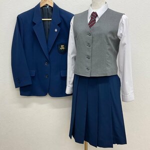 U593/S1118(中古)東京都 練馬区立 関中学校 女子制服5点 /校章付/M/W64/ブレザー/ベスト/ブラウス/夏スカート/ネクタイ/冬服/青紺/学生服/