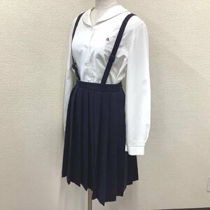 I520/Y(中古)東北方面 女子制服2点 /校名不明/L/160A/W62～69/吊りスカート/ブラウス/FUJI YACHT/冬服/長袖/紺/女子学生/中学/高校/学生服