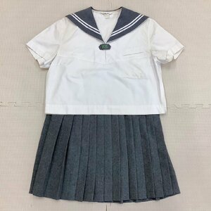 I543/Y(中古)山形県 日本大学山形高校 女子制服2点 /大きめ/3L程度/W66~74/丈55/半袖セーラー/夏スカート/白2本ライン/グレー/yacht/学生服