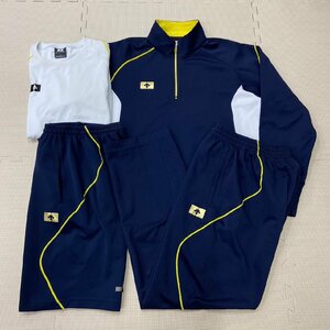 Y594/T976( used ). name unknown gym uniform 4 point /. name none /L size / long sleeve / short sleeves / long trousers / shorts / navy blue / white / yellow color line /DESCENTE/ jersey / physical training put on /