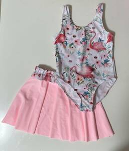 [ unused ] girl swimsuit 2 point set 110~ skirt attaching flamingo pink child child .. Kids swim swimming Pooh ruby chi sea 