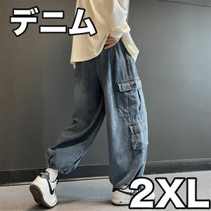 デニム ワイドパンツ　カーゴパンツ　ユニセックス ジーンズ　ブルー　2XL　カジュアル　春　夏　ストリート アメカジ　メンズ