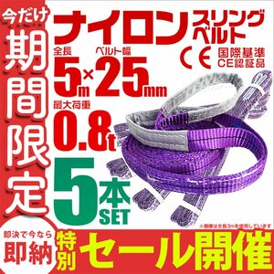 【数量限定セール】スリングベルト 5m 耐荷重800kg 幅25mm 5本セット 玉掛け 吊りベルト ナイロンスリング 運搬用 ラッシング クレーン