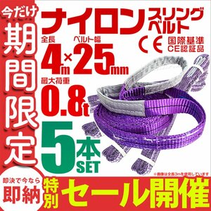 【数量限定セール】スリングベルト 4m 耐荷重800kg 幅25mm 5本セット 玉掛け 吊りベルト ナイロンスリング 運搬用 ラッシング クレーン