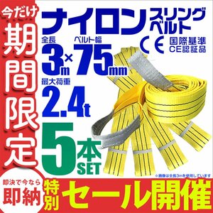 【数量限定セール】スリングベルト 3m 耐荷重2.4t 幅75mm 5本セット 玉掛け ナイロンスリング ロープ 運搬用 吊具 ラッシング クレーン