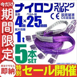 【数量限定セール】スリングベルト 4m 耐荷重1t 幅25mm 5本セット 玉掛け 吊りベルト ナイロンスリング 運搬用 ラッシング クレーン