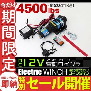 【数量限定セール】リモコン付き 電動ウインチ 12V 4500LBS（2041kg） 傷付きにくいロープタイプ オフロード車 リア SUV車 電動ウィンチ DC