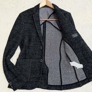 極美品/希少XL相当 ●ZARA ザラ テーラードジャケット ニット セーター アンコン ●メランジ パイピング ストレッチ ブラック 黒 アウター