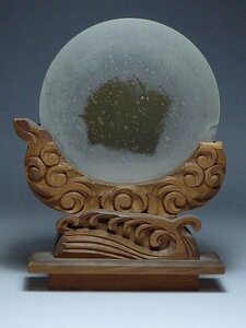 60G1491▲神道美術・木製波雲彫台座・銅鏡・直径12.5cm・和鏡/古鏡・時代・古い