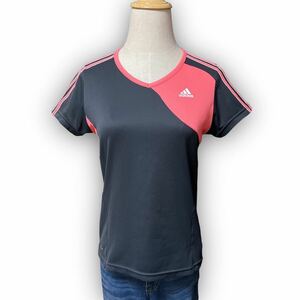 Y596★カジュアル★adidas アディダス 半袖Tシャツ スポーツウエア ジム ヨガ Lサイズ チャコールグレー×ピンク レディース 万能