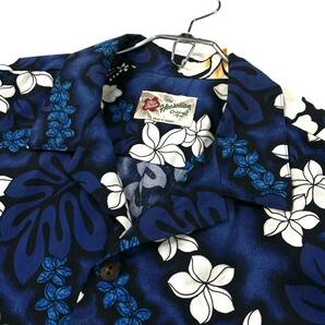 ハワイ製 The Hawaiian Original アロハシャツ オールオーバーパターン ハイビスカス柄 ハワイアンシャツ メンズL ネイビー系の画像4