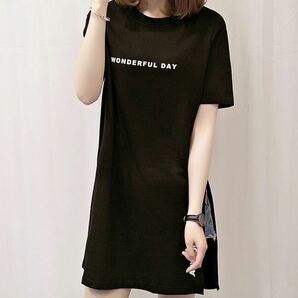 ワンポイント ロゴ 英字 Tシャツ 半袖 ワンピース 長め 体型カバー スリット 大きめ ブラック 黒Tシャツ Lサイズの画像2