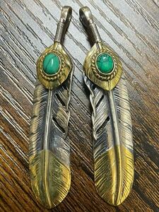 [* ultra rare *!*2 pieces set *]. gold on gold * gold . feather * green marble turquoise * left right Old * Goro's * feather *goro's*