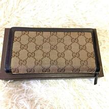 美品/希少●GUCCI グッチ メンズ レディース 長財布 ラウンドファスナー レザー×GGキャンバス インターロッキング ゴールド金具 ブラウン_画像2