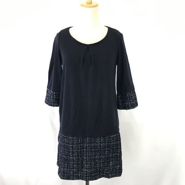日本製★ユナイテッドアローズ/A DAY IN THE LIFE★ツイードスカート/七分袖ワンピース【S-M程度/紺/春夏/navy blue】◆BH630