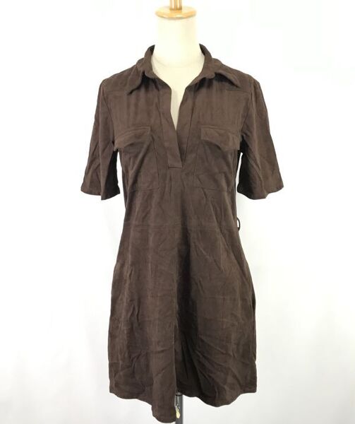 ザラベーシック/ZARA BASIC★スエード調/ジョニーカラー/半袖ワンピース【レディースS/濃茶/dark brown】ベルト無し特価◆BH692