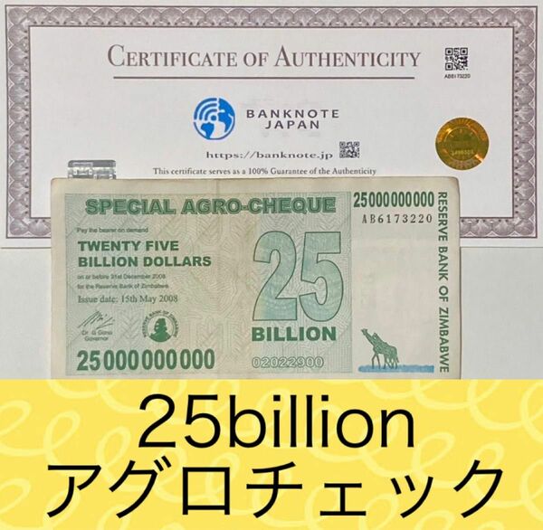 【RV償還紙幣】ジンバブエ25billionアグロチェック1枚