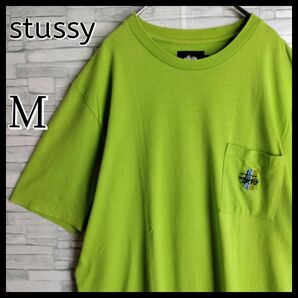 【希少デザイン】ステューシー☆ポケット付刺繍ロゴTシャツ　Mサイズ　オーバーサイズ　黄緑 若草 萌黄　stussy Pocket