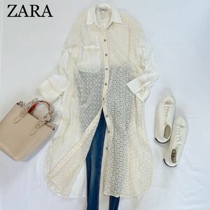 ZARA adult pretty ...embrolida Lee embroidery Vintage button attaching long shirt One-piece feather weave size S Zara!