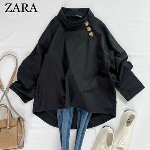 ZARA 大人お洒落　リネンコットンブレンド　軽やかブラックプルオーバートップス　ゆったりXSザラ♪