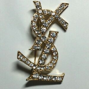 【中古品】YVES SAINT LAURENT イブサンローラン アクセサリー　ブローチ　ロゴ　ゴールド系　ストーン