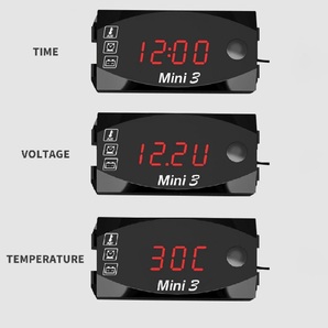 バイク用 電圧計/温度計/時計 3in1 防水・防塵 デジタルメーター 赤 LED表示 ボルトメーター 12V 【送料無料】の画像3