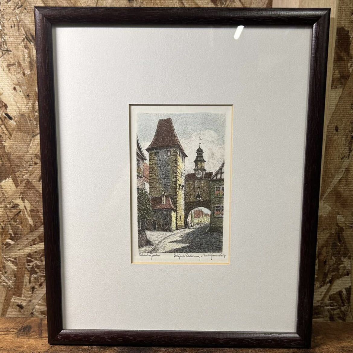 Litografía Pintura de paisaje enmarcada Rusia Pintura de Rothenburg Autor Obra Objeto interior desconocido Artículo antiguo almacenado en casa, obra de arte, imprimir, litografía, litografía