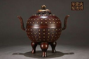 明代 大明宣徳年製 古銅彫 塗金蟠虻紋朝冠耳熏炉【仁】古銅器 置物擺件 古賞物 中国古玩 蔵出